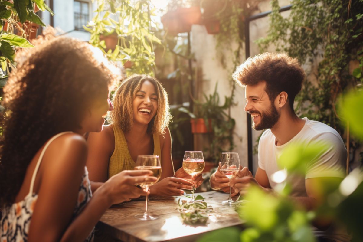 Drei Personen im Hinterhof bei einem Glas Wein
